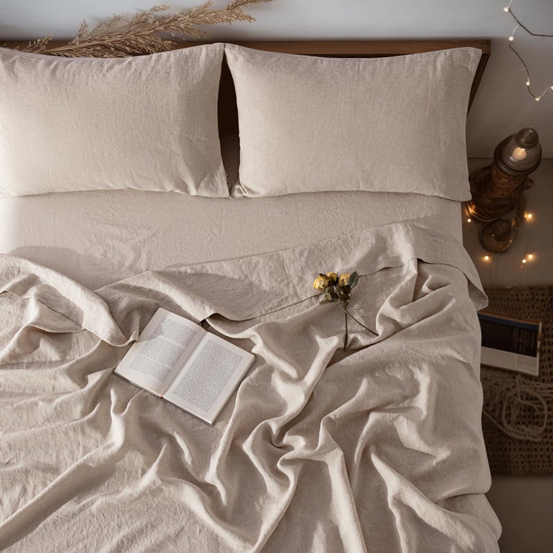LBRO2M 100% Linen Sheet Set 19"" Deep Pocket Full Size,Bed Sheets 4 Piece Sets,Solid Color Natural Flax Bed Sheets Soft Breathable Bedding, All Season (Full, Linen) - Image 1